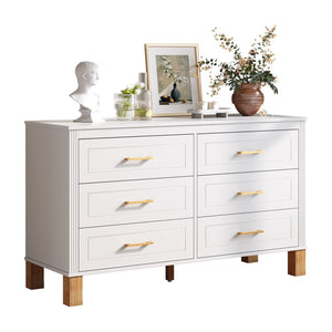 English Elm 6-drawer Double Dresser Solid Wood Legs Mid-century Modern Bedroom Storage Cabinet White W1445S00007