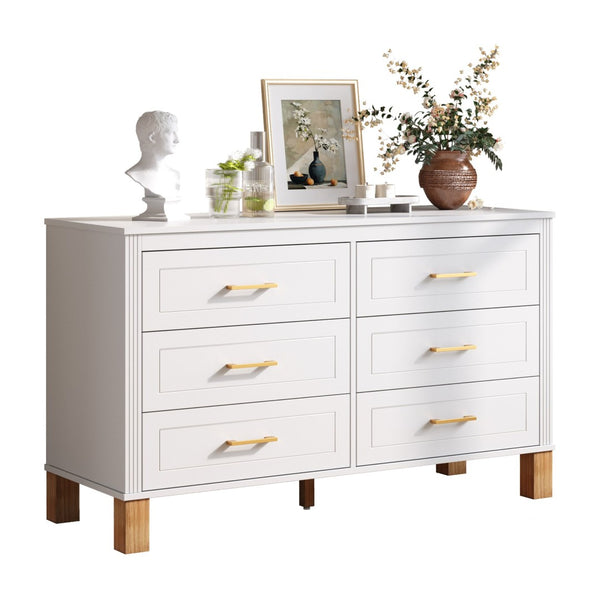English Elm 6-drawer Solid Wood Dresser Mid-century Modern Gray Finish with Metal Bar Handles W1445P419757