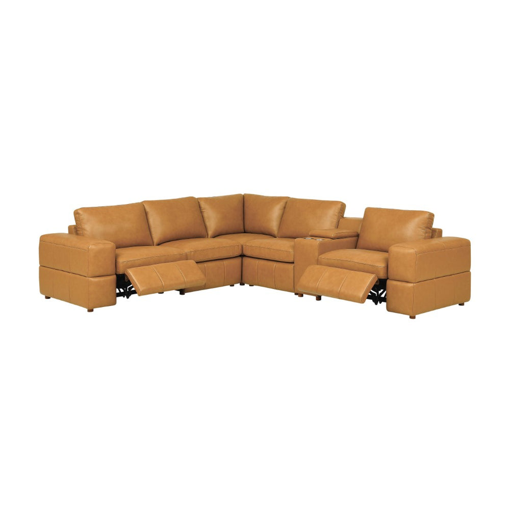 English Elm Premium Leather Match Sectional with Dual Recliners Cup Holders and Storage Console Ginger B2748S00151