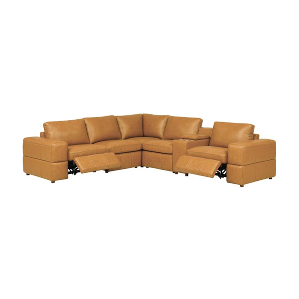 English Elm Premium Leather Match Sectional with Dual Recliners Cup Holders and Storage Console Ginger B2748S00151