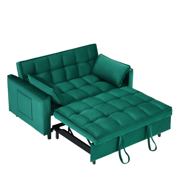 English Elm 55-inch Green velvet sofa bed with storage pockets, 2-seat convertible sleeper, solid wood frame, 500lb capacity W1658P239827