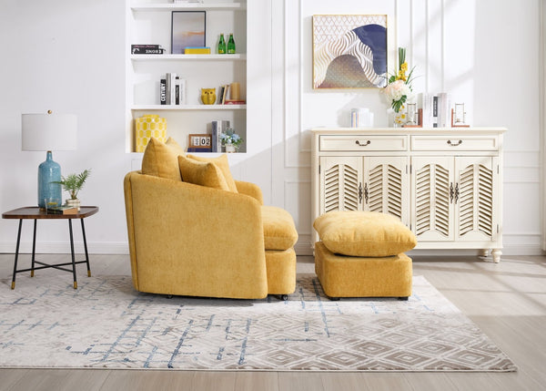 English Elm 360° 360 Swivel Oversized Chenille Armchair with Pocket Spring Seat and Three Throw Pillows Yellow W1361S00048