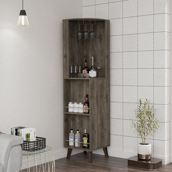 English Elm Cincinatti Corner Bar Cabinet Dark Brown with Stemware Rack, 2 Railed Shelves, 2-Tier Drawer, Open Prep Shelf B070S00176
