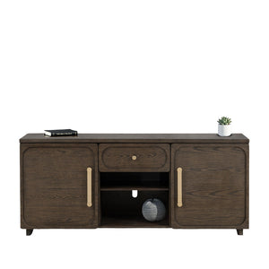 English Elm Transitional Vellara 70" TV Console Dark Walnut Finish Recessed Panels Gold Hardware, 70"W Stylish B2741P402569
