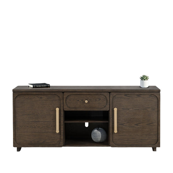 English Elm Transitional Vellara 70" TV Console Dark Walnut Finish Recessed Panels Gold Hardware, 70"W Stylish B2741P402569