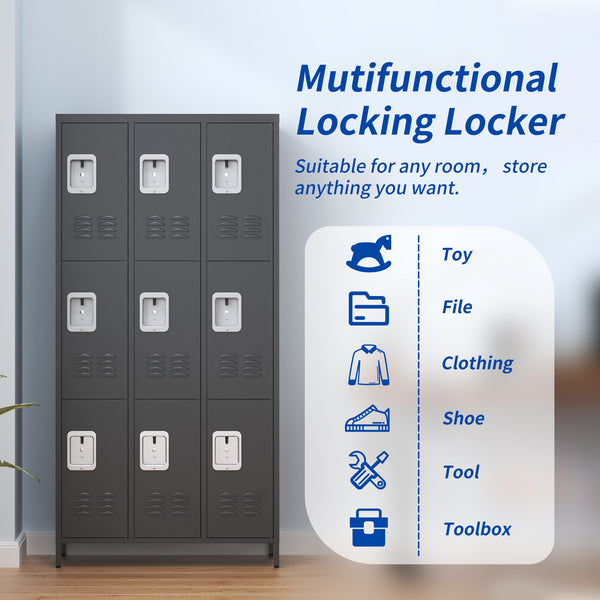 English Elm 9 72"H Metal Lockers 9-Door Steel Locking Locker Cabinet for Gym, School, Office, Home Storage, Gray T2398P282152