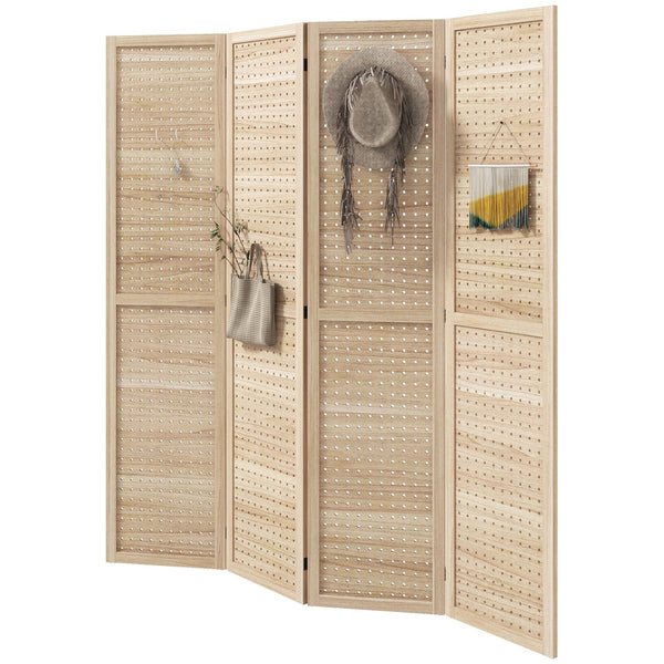 English Elm Homcom 4 Panel Wood Room Divider, 5.6' Tall Folding Privacy Screen With 500 Hook Holes For Decor W2225P217281