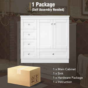 English Elm 36 Inch Shaker Bathroom Vanity with Ceramic Sink Four Soft Close Drawers White Mdf N729P414619K