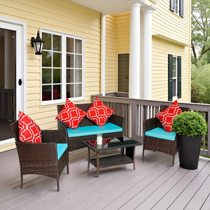 English Elm Four-Piece Outdoor Rattan Sofa Set With Emerald Green Cushions & Stylish Glass Table For Patios W3152P269438