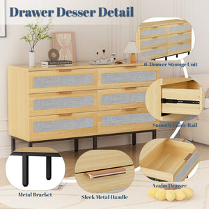 English Elm 6 Drawer Oak Dresser with Linen Fronts and Metal Legs for Modern Bedroom Storage T3773P422847