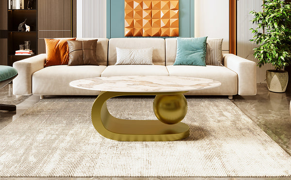 English Elm Modern Oval Coffee Table with Marble-Pattern Sintered Stone Top, Gold Stainless Steel Orb Base, 47.2" CH192938AAK