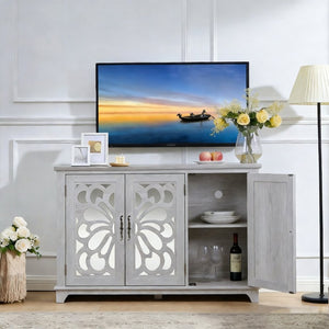 English Elm 49.33" Mirrored Lattice Buffet Cabinet with Adjustable Shelves Vintage Wood Grain Sideboard Light Gray W2899P372742