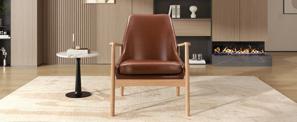 English Elm U-Can Mid-Century PU Leather Accent Chair with Solid Wood Frame, High Back Comfort & Durable Style N724P256555D