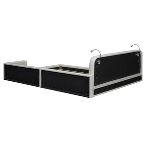 English Elm Queen PU Leather Upholstered Platform Bed with Built-In Dual Reading Lights and Sturdy 600lb Capacity White SF000186AAK