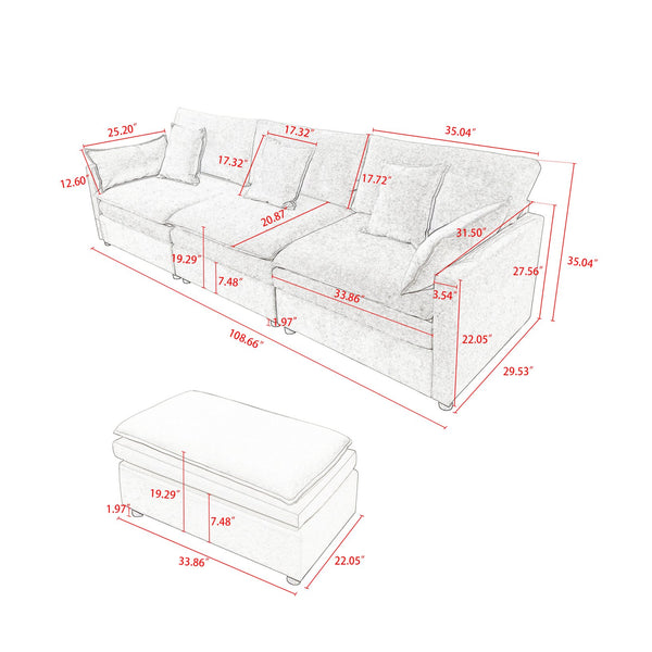 English Elm 108.66"Modern Chenille L-Shaped Sectional Sofa with Convertible Chaise, Solid Wood Frame, Plush Foam Comfort and Ottoman Set for Spacious Living Room Light Gray W1036S00055