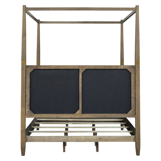 English Elm Canopy Queen Bed Brown Upholstered Canopy Frame Solid Wood Blend, Foam-Padded Headboard, Elegant Design B035S00062