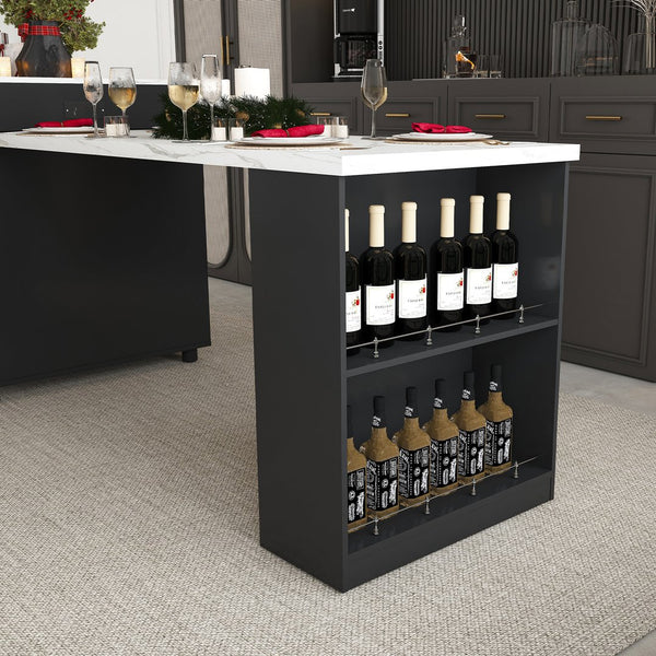 English Elm 80-inch Expandable Kitchen Island with Charging Station, Solid Wood-Grain Top, Mobile Storage Cart Black W2700S00075