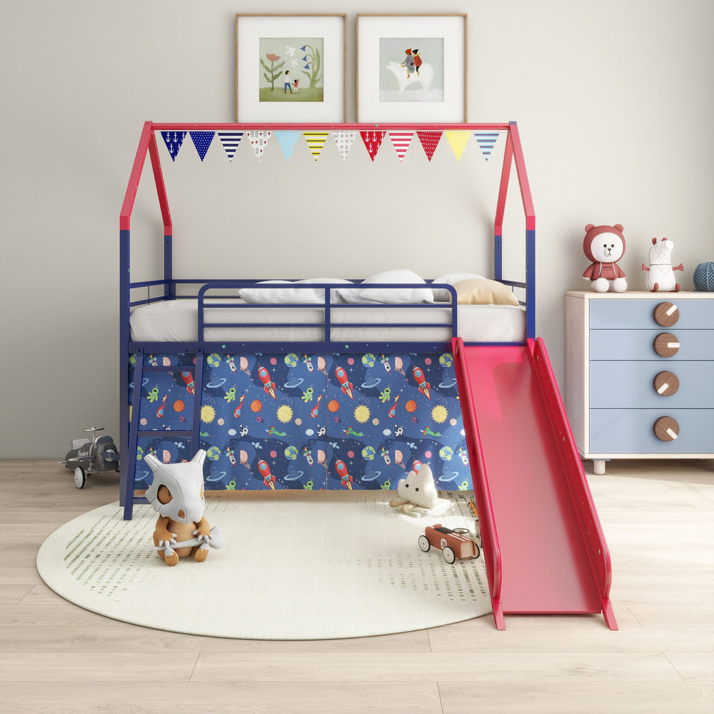 English Elm Jack Metal Junior Twin Loft Bed With Slide & Superhero Curtains - Safe, Fun & Space-Saving Design! B083P354666