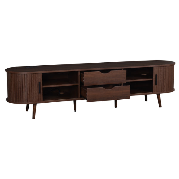 English Elm 70 Mid Century TV Stand with Rattan-Front Drawers, Tambour Doors, Built-In Outlets & Solid Wood Legs Dark Brown N710P339446P