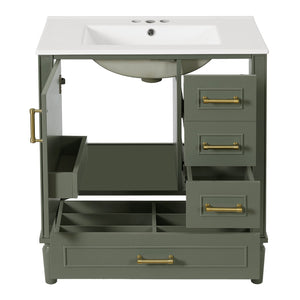 English Elm 30" Elegant Bathroom Vanity with Ceramic Sink, Soft-Close Door & 3 Drawers, Gold Handles, Durable Finish Olive Green N729P184479O