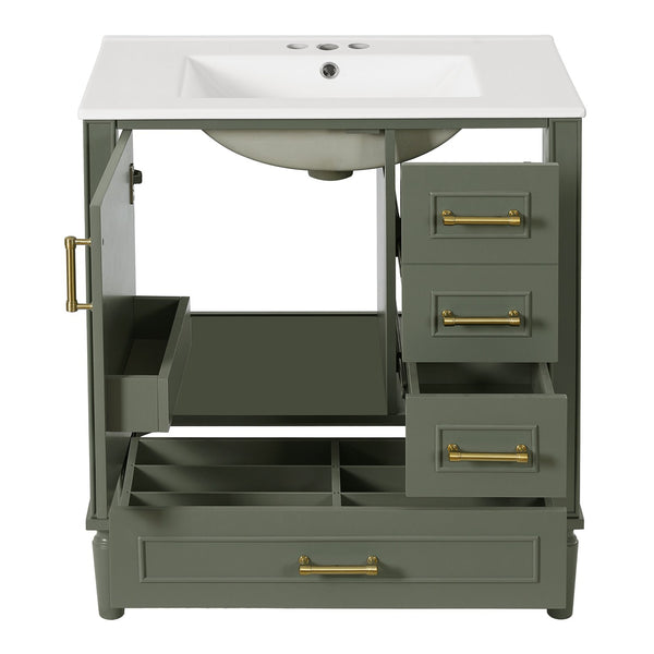 English Elm 30" Elegant Bathroom Vanity with Ceramic Sink, Soft-Close Door & 3 Drawers, Gold Handles, Durable Finish Olive Green N729P184479O