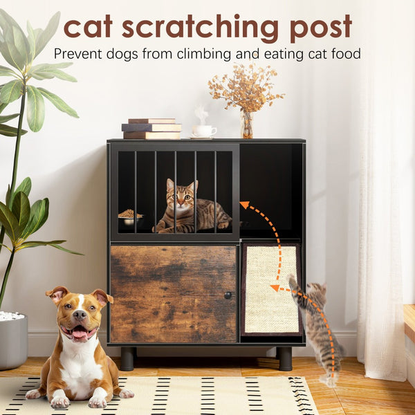 English Elm Cat Feeding Station with Lockable Storage Scratching Board and Elevated Steel Bowls W1687P232351