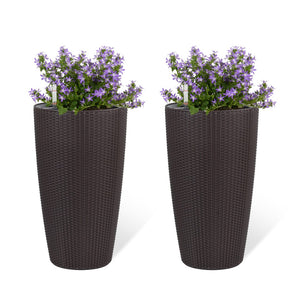 English Elm Set of 2 Faux Rattan Tall Outdoor Planters with Auto Watering and Water Level Monitor Brown W3213P325374