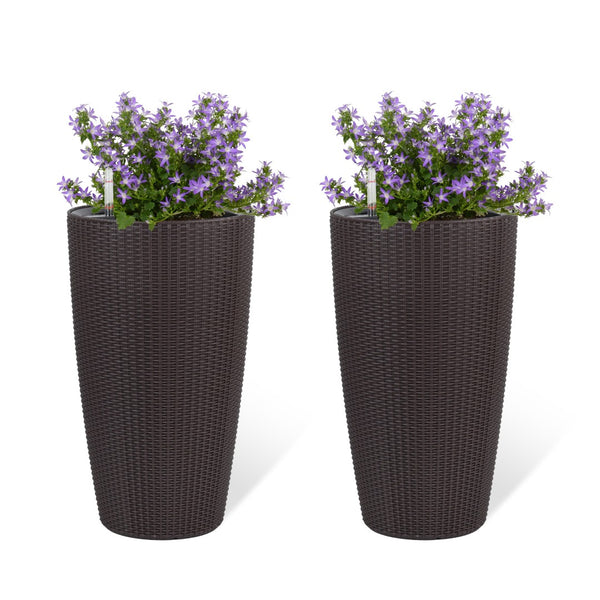 English Elm Set of 2 Faux Rattan Tall Outdoor Planters with Auto Watering and Water Level Monitor Brown W3213P325374