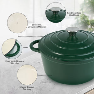English Elm 4.5 Quart Dutch Oven Pot with Lid, Enameled Cast Iron, Nonstick Ceramic Surface for Even Cooking and Moisture-Retaining Baking up to 500°F Green T3950P396342
