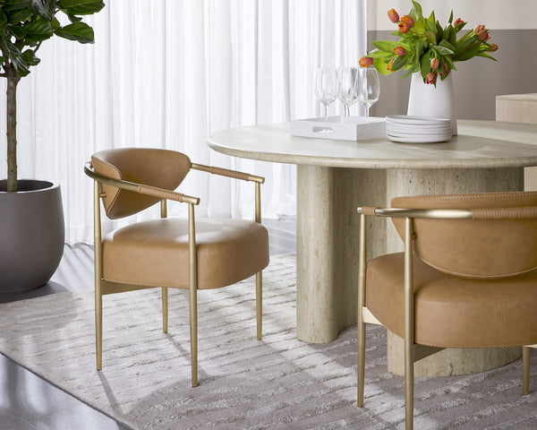 Sunpan Heloise Dining Armchair – Stylish Faux Leather With Gold Stainless Steel Detailing For Elegance Brown Faux Leather 112063