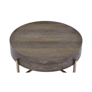 English Elm Drum Minimalist Coffee Table with Drawer in Light Brown & Champagne Metal Frame, Elegant Storage Blend B016P313004