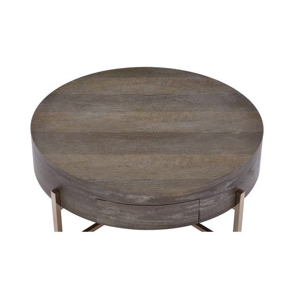 English Elm Drum Minimalist Coffee Table with Drawer in Light Brown & Champagne Metal Frame, Elegant Storage Blend B016P313004