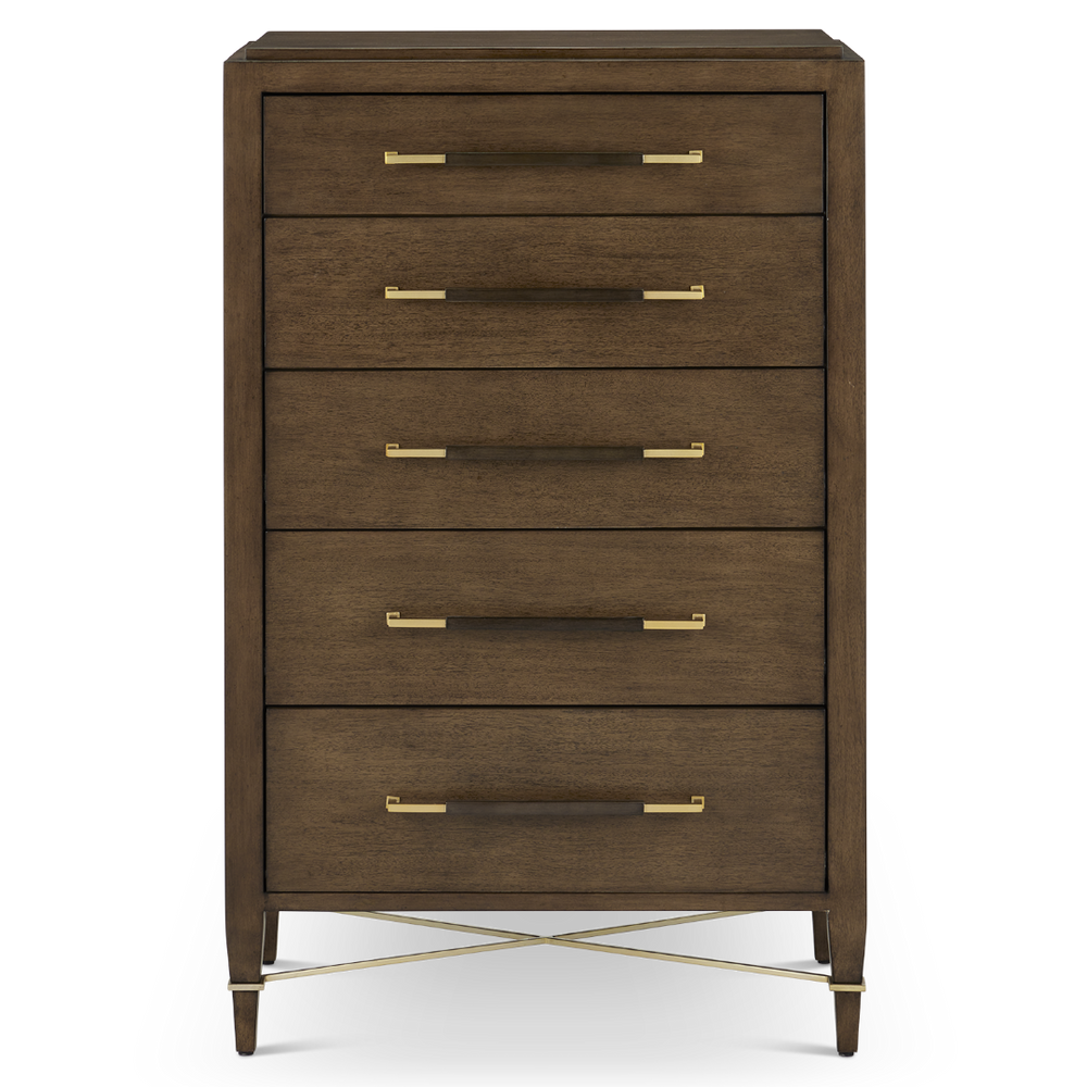 Verona Chanterelle Five-Drawer Chest – Elegant Brown Lacquered Linen with Champagne Metal Details