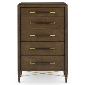 Verona Chanterelle Five-Drawer Chest – Elegant Brown Lacquered Linen with Champagne Metal Details