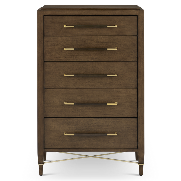 Verona Chanterelle Five-Drawer Chest – Elegant Brown Lacquered Linen with Champagne Metal Details