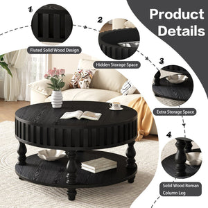 English Elm Farmhouse Fluted Square Coffee Table with Flip Top Hidden Compartment and Open Shelf Black W1445P370482