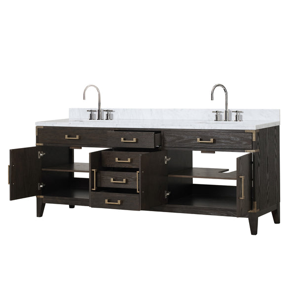 English Elm Brown Oak 84-Inch Double Bath Vanity With Carrara Marble Top And Chrome Faucet Set For Luxury Bathrooms B2731P259961