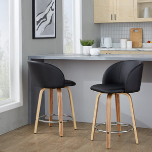 English Elm Fixed-height Swivel Counterstools Zebra Wood Bentwood Legs Faux Leather Seat Set of 2 B202S01745