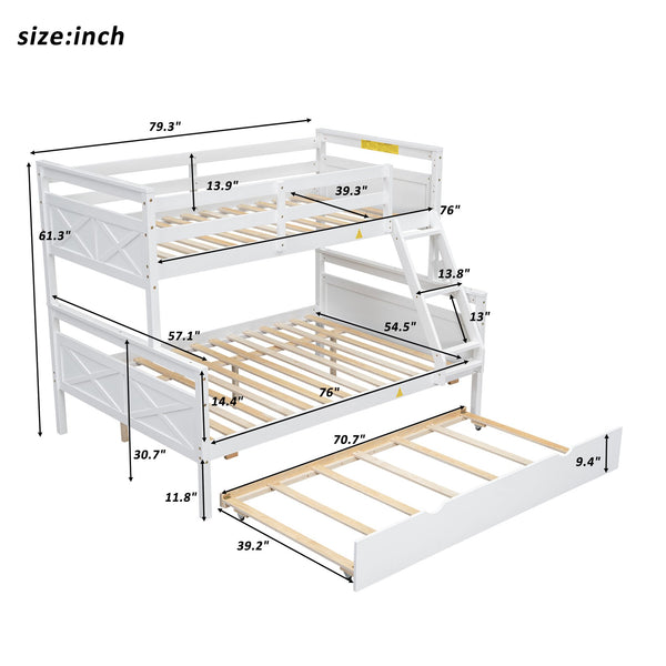 English Elm Twin Pine-over-Full Bunk Bed with Attached Ladder, Trundle & Full-Length Guardrail for Space-Saving Rooms White SM000208AAK-1