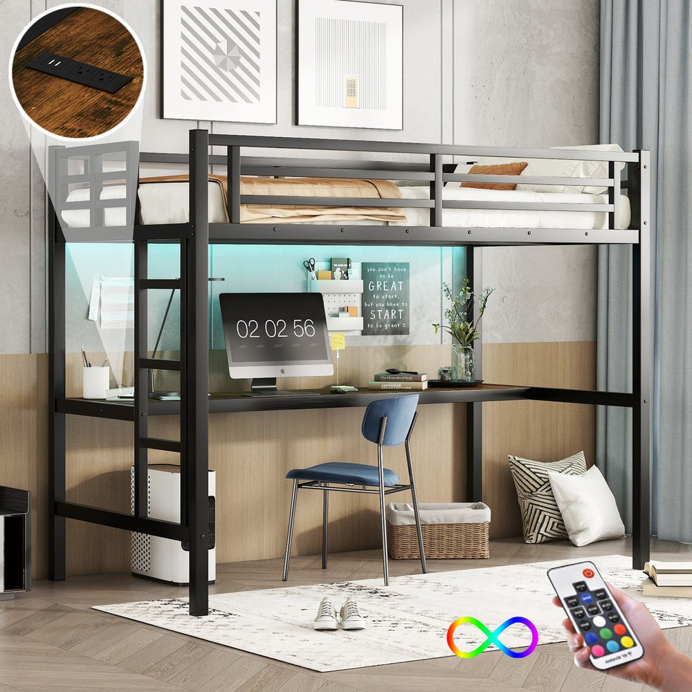 English Elm Metal Twin Xl Loft Bed With Built-In Desk, Power Outlet & Led Lights - Space-Saving Design! W1580P368410