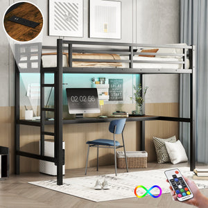 English Elm Metal Twin Xl Loft Bed With Built-In Desk, Power Outlet & Led Lights - Space-Saving Design! W1580P368410