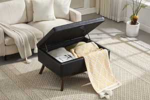 English Elm Mid-century square storage bench with solid wood frame, microfiber upholstery, versatile ottoman seat and tabletop functionality for living room and entryway appeal Black PU W1539P269659