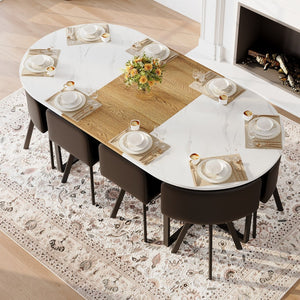 English Elm 9-piece Oval Dining Set with Faux Marble Wood Top and Eight Black Pu Leather Chairs W3875S00151