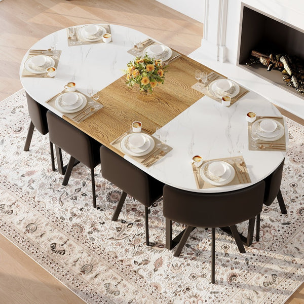 English Elm 9-piece Oval Dining Set with Faux Marble Wood Top and Eight Black Pu Leather Chairs W3875S00151