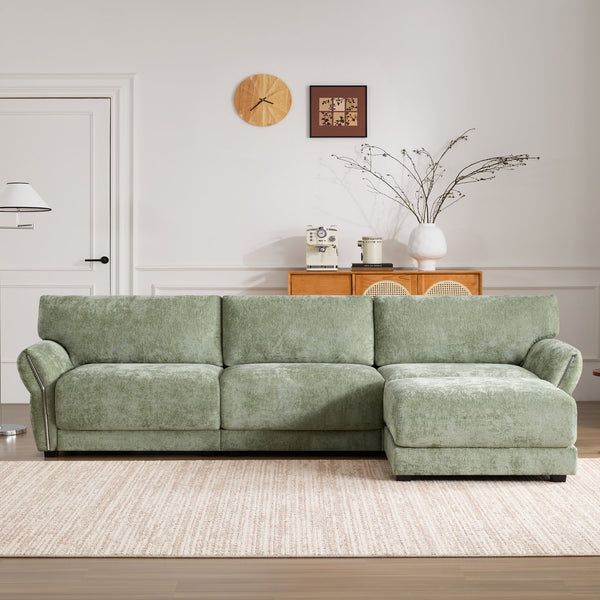 English Elm 110" Modular Sectional Sofa with Extra-Wide Chenille Seats, USB & Type-C Charging Ports, Ottoman, High-Density Foam Comfort Green N723S7038F