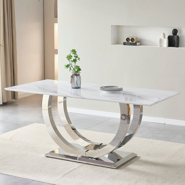 English Elm 69.30 Inch Rectangular Dining Table Marble Pattern Top with Polished Steel Legs Seats Six W3357S00003
