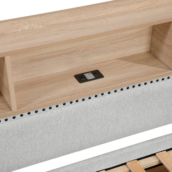 English Elm 1pc Light Gray Daybed with Pull-Out Trundle, Built-In Bookcase & Charging Ports, Nailhead Trim Modern Design B011S01718