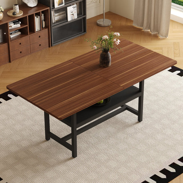 English Elm 71 Inch Fashionable Walnut Grain Dining Table with Sturdy Metal Legs, Scratch-Resistant MDF Top, Storage Shelf, Minimalist Design Walnut+black W1151P364851