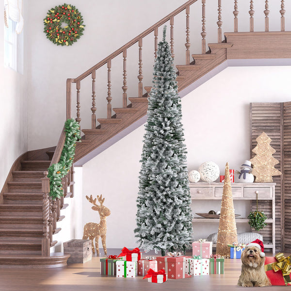 English Elm Homcom 9' Slim Snow-Flocked Artificial Christmas Tree - Realistic Branches, 1014 Tips, Space-Saving Elegance W2225P249661
