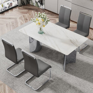 Hearth and Haven Modern Minimalist Dining Table. Imitation Marble Glass Sticker Desktop, Stainless Steel Legs, Stable and Beautiful. 4 Premium Leatherette Seats. 63 Inches x 35.4 Inches x 29.5 Inches Dt-69 C-1162 W1151S00837 W1151S00837